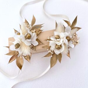 bracelet de fleurs stabilisees blanc et dore