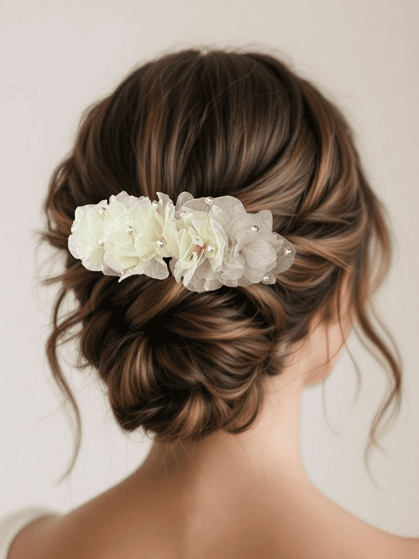 bijou de tete minimaliste en hortensias stabilises et perles pour mariee